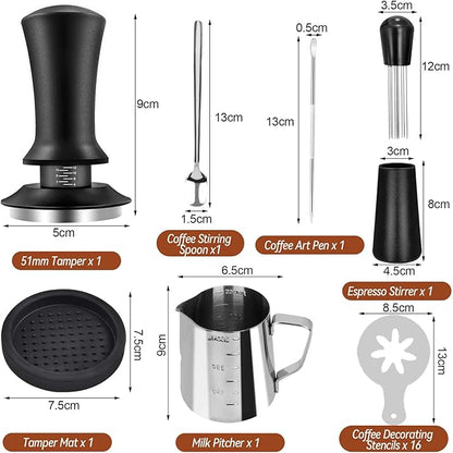 22 PCS Coffee Tamper Set, Espresso Accessories Barista Kit, with 51mm Espresso Tamper, WDT Tool, Frothing Pitcher(350 ml), Latte Art Pen, Coffee Stirrer, Tamper Mat, 16 Coffee Stencils
