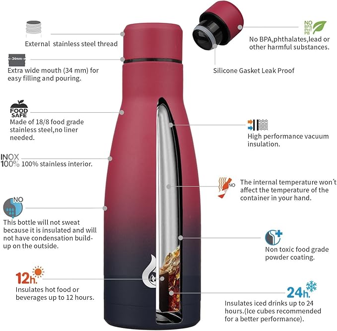 BJPKPK Insulated Water Bottle 12oz Small Stainless Steel Water Bottles Reusable Metal Thermal Keep Cold and Hot,Charming Black Red