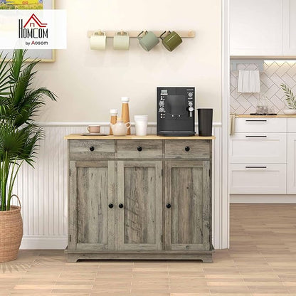 HOMCOM Sideboard with Solid Wood Countertop, Modern Kitchen Storage Cabinet, Coffee Bar Cabinet with 3 Drawers, Doors and Adjustable Shelf, Distressed Gray