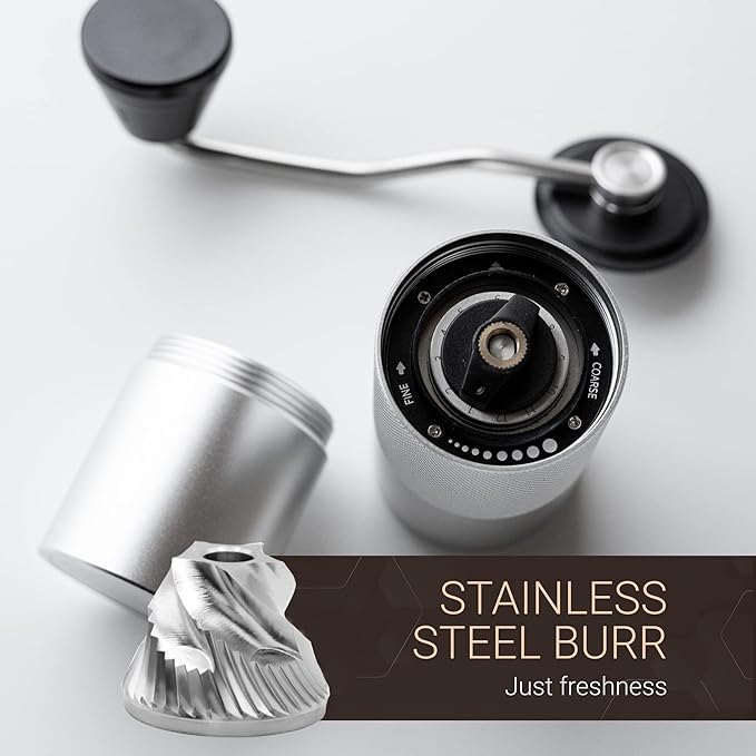 Manual Coffee Grinder by Alpaca Ventures - Stainless Steel Conical Burr Coffee Grinder Manual with Adjustable Setting Double Bearing Hand Espresso Grinder Perfect for Home, Office and Camping