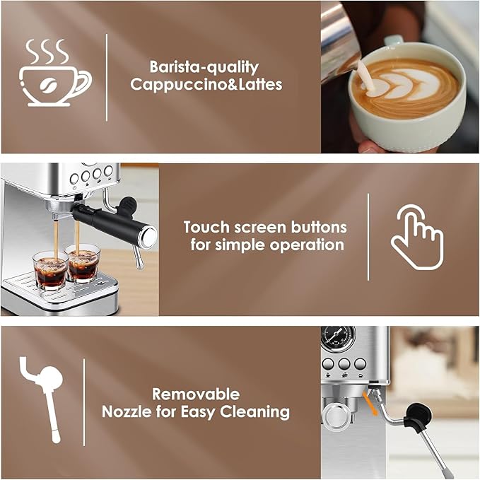 Espresso Machine Coffee Makers 20 Bar, Stainless Steel Espresso Machine with Milk Frother/Steam Wand for Espresso, Latte and Cappuccino - Premium Home Coffee Maker for Barista Quality Drinks