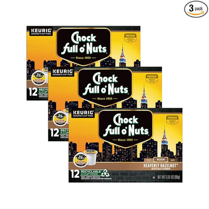 Chock Full o'Nuts Heavenly Hazelnut Coffee, Compatible with K-Cup Pods, 12 CT (Pack of 3)