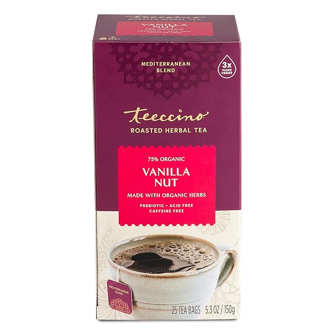 Teeccino Vanilla Nut Herbal Tea, 25 Tea Bags - Rich & Roasted Herbal Tea That’s Caffeine Free & Prebiotic for Natural Energy, 3X more Herbs, Acid Free, Great Hot or Iced