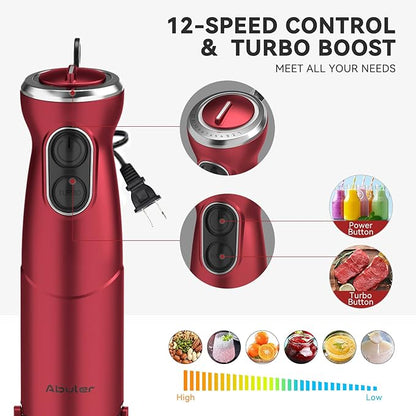 Immersion Blender 5 in 1 Hand Blender, Abuler 1000W Hand Mixer Stick,12 Speed Handheld Blender 304 Stainless Steel with 600ml Mixing Beaker, 500ml Chopper, Whisk and Milk Frother for Soup, Baby Food