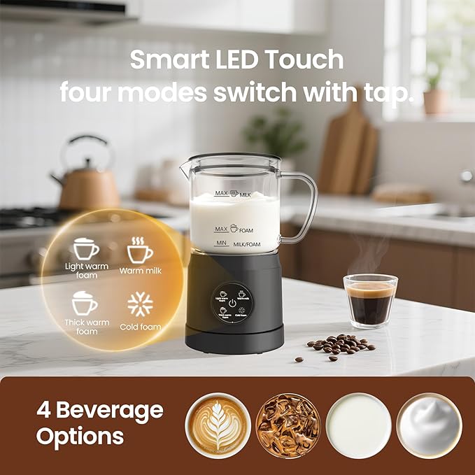 4-in-1 Milk Frother, Electric Milk Frother and Steamer with LED Touch Screen, Non-stick Bottom, Milk Warmer 13.52oz for Lattes, Cappuccinos, and Macchiatos at Home, Black
