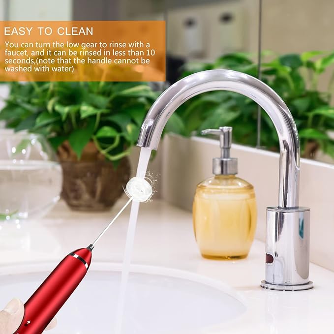 Delm Milk Frother Electric USB Stainless Steel Accessory - Frother Wand Foam Maker for Lattes - Milk Frother Handheld for Cappuccino, Frappe, Matcha, Hot Chocolate - Frother for Coffee (red)