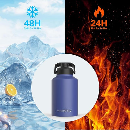 Half Gallon Water Bottle Insulated(Cold for 48 Hrs),BPA Free&Leak Proof,64oz Stainless Steel Water Jug/Flask,Big thermo,Large Water Bottle with Handle for Gym,Hiking,Camping,Deep Blue