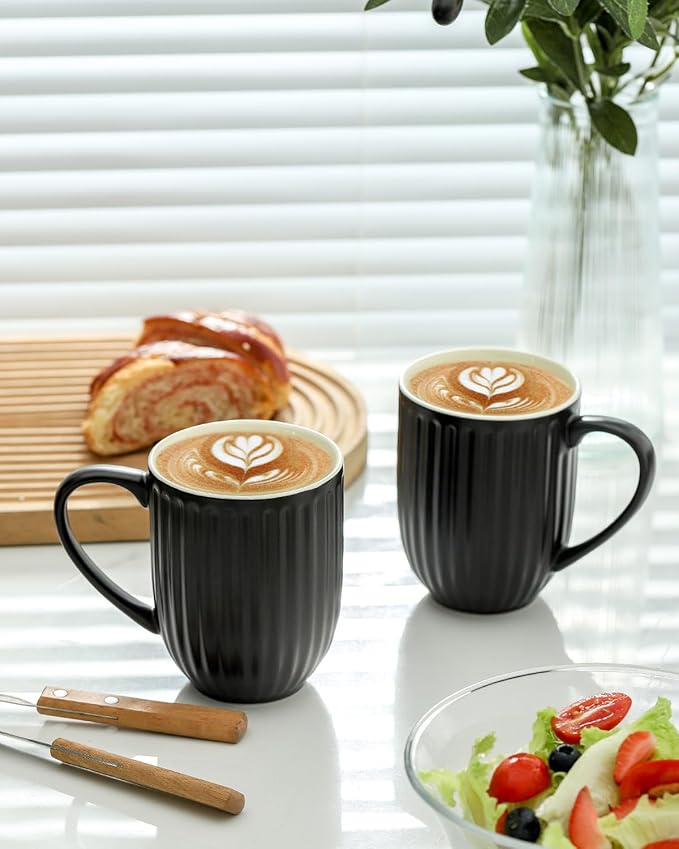Hasense Coffee Mugs Set of 6, 16 Oz Large Ceramic Ribbed Latte Cups with Big Handle for Coffee, Tea and Cocoa, Modern Design & Light Weight, Microwave & Dishwasher Safe, Black