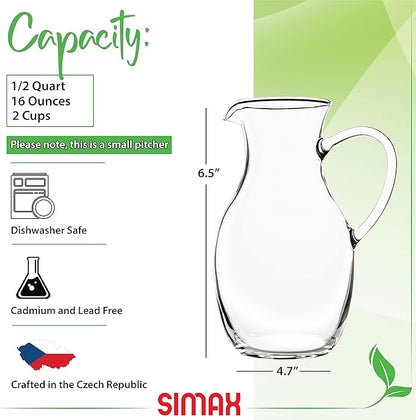 Simax Small 16 Ounce Borosilicate Glass Pitcher with Handle - Montessori Kids Pitcher with Spout for Orange Juice, Milk, Tea