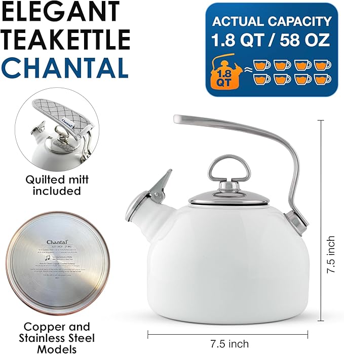 Chantal Classic Teakettle, 1.8 QT, Enamel On Steel, 2-Tone Harmonica Whistle, Rapid Boil and Even Heating (White)