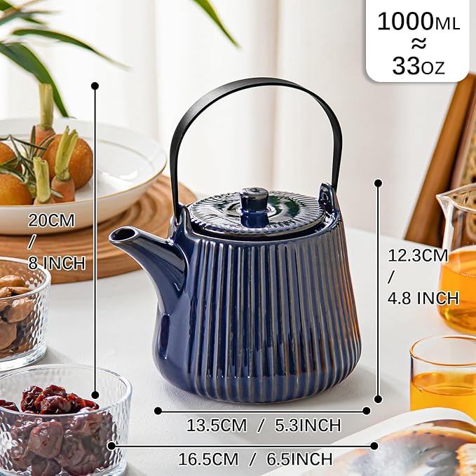 Yundu Deep Blue Ceramic Teapots, 1000ml/33.8oz Tea Kettle, Enough for 4 Cups, Tea pot with infusers for loose tea, Striped Tea Pot with Removable Tea infuser