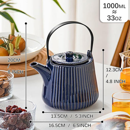 Yundu Deep Blue Ceramic Teapots, 1000ml/33.8oz Tea Kettle, Enough for 4 Cups, Tea pot with infusers for loose tea, Striped Tea Pot with Removable Tea infuser