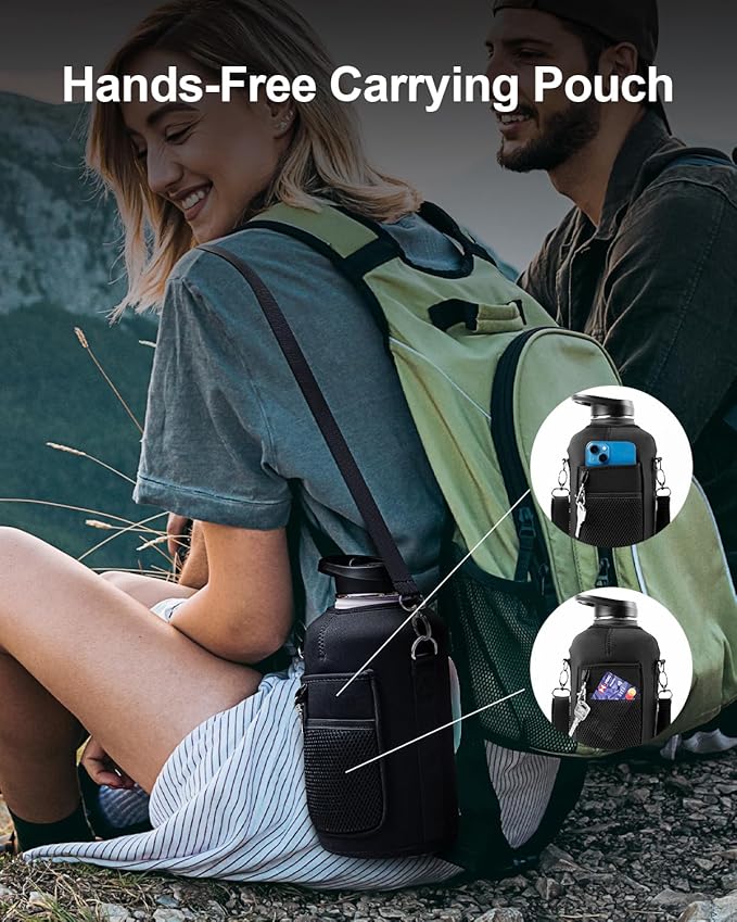 Trebo 64oz Water Bottle Insulated with Straw Lids,Half Gallon Double Wall Vacuum Stainless Steel Metal Large Jug with Handle,Wide Mouth Flask Mug with Carry Pouch,Keep Cold Hot,Ombre: Purple Green