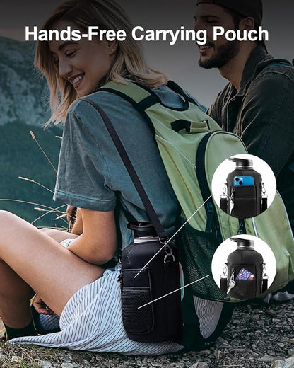 Trebo 64oz Water Bottle Insulated with Straw Lids,Half Gallon Double Wall Vacuum Stainless Steel Metal Large Jug with Handle,Wide Mouth Flask Mug with Carry Pouch,Keep Cold Hot,Ombre: Purple Green