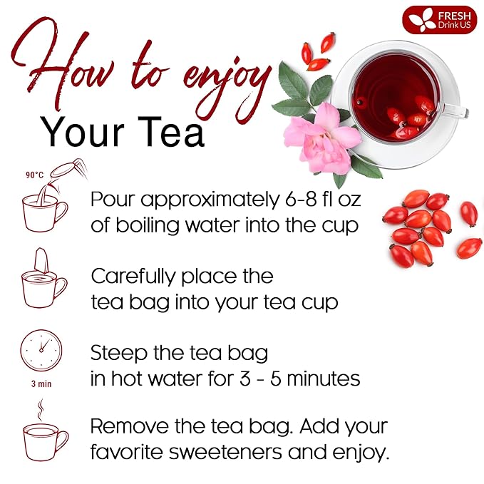FreshDrinkUS, Premium 135 Rosehip Tea Bags, 100% Natural & Pure from Rose Hip Fruits. Loose Rosehip Herbal Tea. Made with Natural Material Tea Bags. No Sugar, No Caffeine, No Gluten, Vegan.