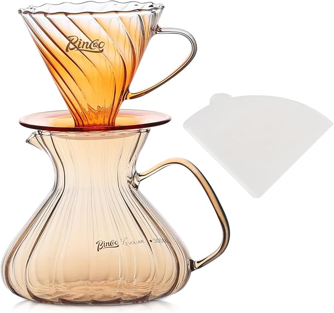 Bincoo Pour Over Coffee Maker Set,650ML Borosilicate Glass Carafe with Coffee Driper&50pcs Paper Filter,Glass Coffee Maker for Home Café Restaurant(Champagne)