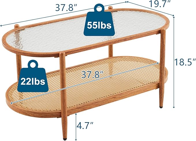 VINGLI 38" Rattan Oval Coffee Table, Water-Wave Glass Metal Center Table, Modern Coffee Table with 2-Tier Storage, Farmhouse Coffee Table for Living Room and Small Space, Natural Vibe