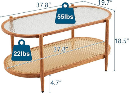 VINGLI 38" Rattan Oval Coffee Table, Water-Wave Glass Metal Center Table, Modern Coffee Table with 2-Tier Storage, Farmhouse Coffee Table for Living Room and Small Space, Natural Vibe