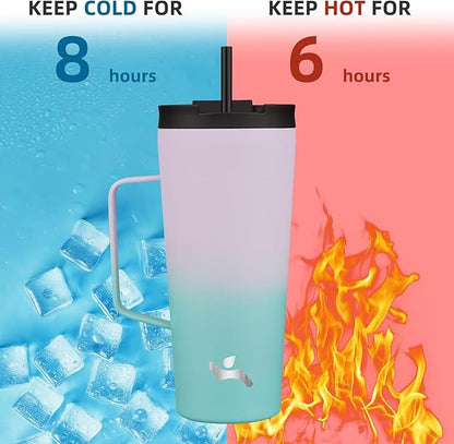 Insulated Tumbler with Handle and Straw, 22 OZ Travel Coffee Mug Stainless Steel Cup Metal Water Bottle,Lavender Green