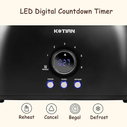 Toaster 4 Slice,KOTIAN Retro Long Slot Toasters with Countdown Timer,Stainless Steel Toaster,Bagel,Defrost,Reheat,Cancel Functions,Extra Wide Slots,6 Toast Settings,Removable Crumbs Tray,Matte black