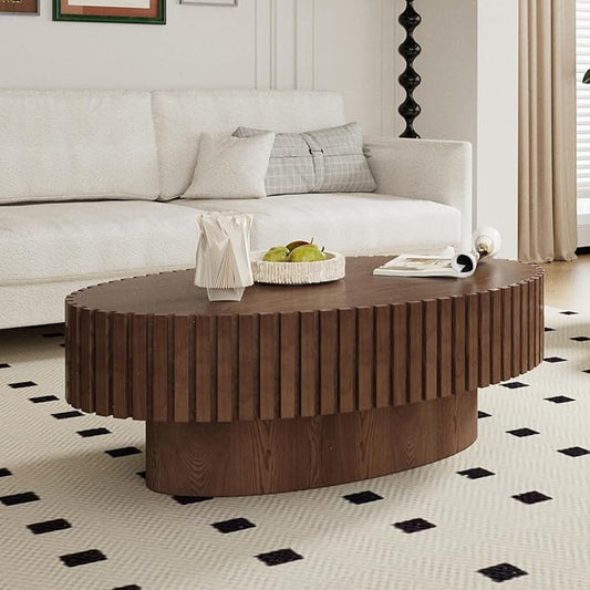 Handmade Wood Oval Coffee Table - Contemporary Style for Living Room, Pedestal Design & Easy Assembly (Walnut)