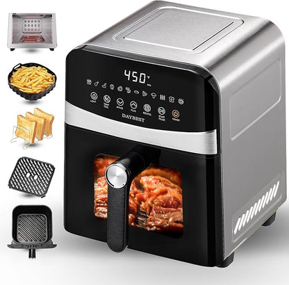Next-Gen Non Toxic Air Fryer Stainless Steel 12-in-1 Classic Basket Premium Ceramic Coating, Metal Inner 450°F Dual Heats Even Cook, 6 QT Midsize 120V, DAYBEST Easy Clean Parts (Stainless Steel)