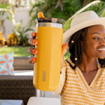 Load image into Gallery viewer, WACACO Octaroma Grande Vacuum Insulated Coffee Mug, 15 fl oz (435ml), Double-wall Stainless Steel Travel Tumbler With Drinking Lid, Amber Yellow