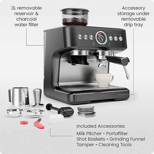 Chefman Crema Deluxe Espresso Machine with Double Boiler, Use Milk Frother and Brew Espresso Simultaneously, Professional Coffee Maker with Coffee Grinder and Steam Wand, 30 Grind Settings