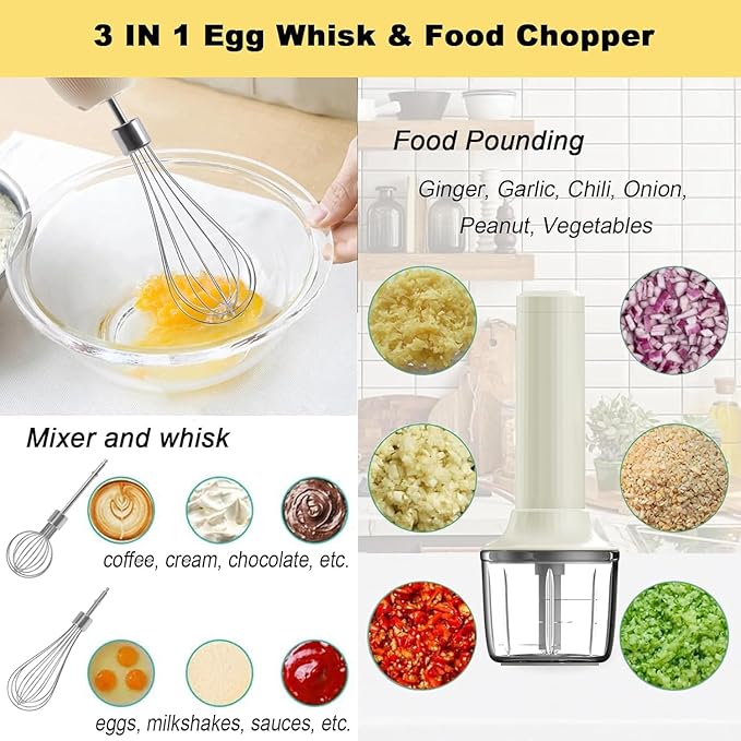 Cordless Hand Mixer, Electric Whisk, Hand Held Mini Mixers,Rechargeable Hand Mixer and Whisker,Food Chopper,Food Processor for Cooking, 4-Speed,10Oz