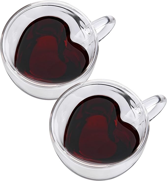 CNGLASS Mothers Day Gifts for Mom,Double Wall Heart Shaped Glass Coffee Mugs 8.5oz,Insulated Clear Tea Cups with Handle,Unique Glass Espresso Mugs for Coffee,Cappuccino,Latte,Milk,Set of 2