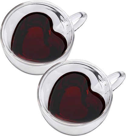 CNGLASS Mothers Day Gifts for Mom,Double Wall Heart Shaped Glass Coffee Mugs 8.5oz,Insulated Clear Tea Cups with Handle,Unique Glass Espresso Mugs for Coffee,Cappuccino,Latte,Milk,Set of 2
