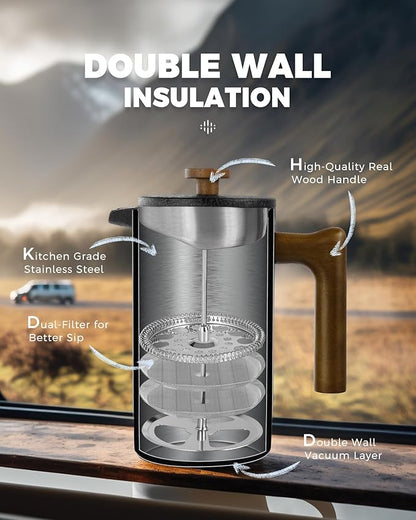 POLIVIAR French Press Coffee Maker, 34 oz Coffee Press with Real Wood Handle, Double Wall Insulation & Dual-Filter Screen, Food Grade Stainless Steel for Good Coffee and Tea JX2023-FPLB