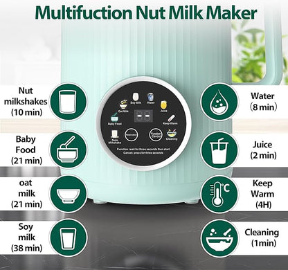 Nut Milk Maker Machine - 8 in 1 Soy Milk Maker Machine 35oz with Self-Cleaning, 18H Delay Start & 4H Keep Warm, Automatic Plant-Based Milk Blender for Almond, Oat, Coconut, Soybean - Green