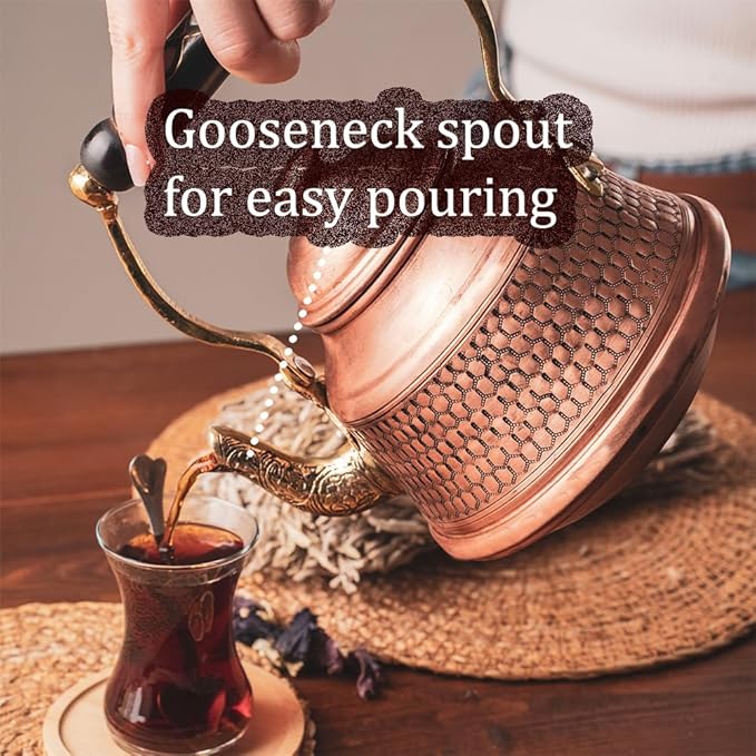 Vintage 100% Pure Solid Copper Turkish Hammered TeaPot Tea Kettle Pot for Stovetop Stove Top Infuser Decorative Fancy Arabic Moroccan Party Serving Kitchen Antique Handmade Unique Style Gooseneck Gift
