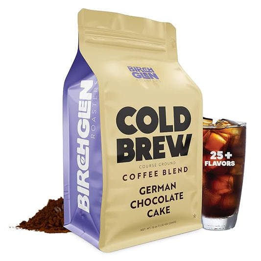 Birch Glen Roasters Cold Brew Coffee | Flavored Coarse Ground Coffee | Medium Roast | Artisanal Roasting | 100% Arabica |1 LB Bag | German Chocolate Cake