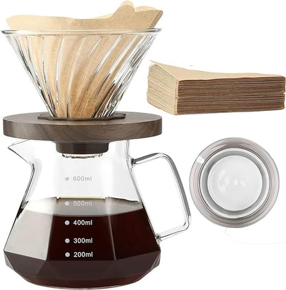 Pour Over Coffee Maker, 20 oz Borosilicate Glass Carafe with 100 pcs V60 Paper Filter by Gsform, Walnut Handle & Glass Lid, Drip Coffee Maker for Home Café Restaurant Camping, 600 ml, Clear