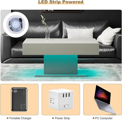 Led Coffee Table for Living Room, Living Room Table Rectangular Center Table, Modern High Glossy Wooden Coffee Tables with 16 Colors LED Lights for Dining Reception Room, Grey