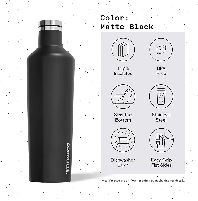 Corkcicle Insulated Water Bottle Thermos, Leakproof, Triple Insulated Stainless Steel, Easy Grip Flat Sides and Screw-on Cap, Cold for 25 Hours or Warm for 12 Hours, 25 oz, Black