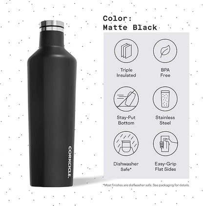 Corkcicle Insulated Water Bottle Thermos, Leakproof, Triple Insulated Stainless Steel, Easy Grip Flat Sides and Screw-on Cap, Cold for 25 Hours or Warm for 12 Hours, 25 oz, Black