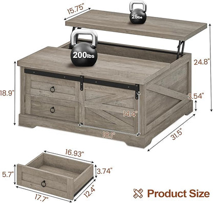 Itaar 39.4'' Lift Top Coffee Table with Storage, Farmhouse Coffee Tables for Living Room, Square Coffee Table with Large Hodden Compartment & 2 Drawrs & Adjustables Shelves (Gray)