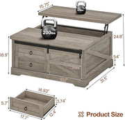 Itaar 39.4'' Lift Top Coffee Table with Storage, Farmhouse Coffee Tables for Living Room, Square Coffee Table with Large Hodden Compartment & 2 Drawrs & Adjustables Shelves (Gray)