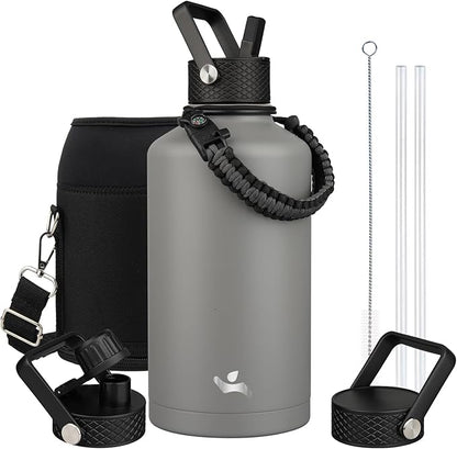 Insulated Water Bottle with Straw,87 oz 3 Lids Water Jug with Carrying Bag,Paracord Handle,Double Wall Vacuum Stainless Steel Metal Flask,Gray
