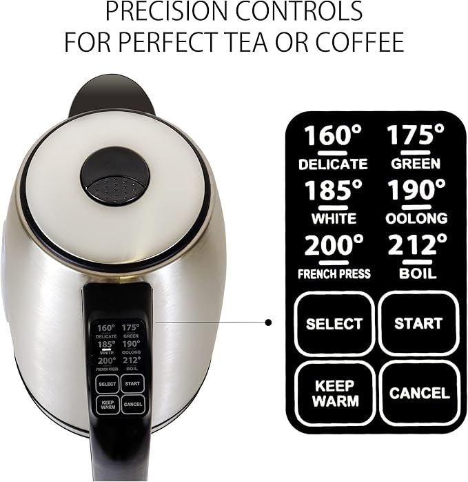 Kenmore Electric Kettle - Cordless Digital Calentador De Agua, Stainless Steel Instant Tea Pot, Preset Temperature Control, Automatic Shut-Off, Rapid Boil, Hot Water Boiling Heater, 1.7 Liter Silver