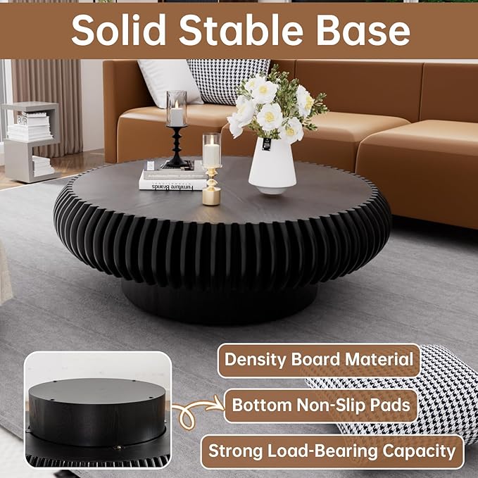 Round Coffee Table 39.3" Modern Black Fluted Coffee Table Low Round Drum Pedestal Coffee Tables for Living Room Farmhouse (Black 39.3 inch)