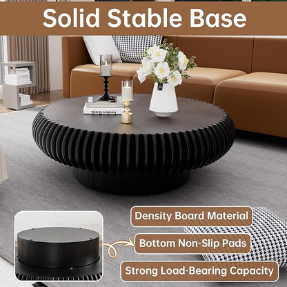 Round Coffee Table 39.3" Modern Black Fluted Coffee Table Low Round Drum Pedestal Coffee Tables for Living Room Farmhouse (Black 39.3 inch)