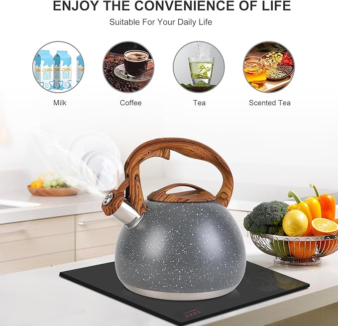 Tea Kettle, Vegoran 100 OZ / 3 Liter Whistling Tea Kettle, Tea Pots for Stove Top Food Grade Stainless Steel with Wood Pattern Folding Handle, Loud Whistle Kettle for Tea, Coffee, Milk (Gray)