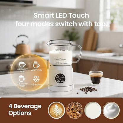 4-in-1 Milk Frother, Electric Milk Frother and Steamer with LED Touch Screen, Non-stick Bottom, Milk Warmer 13.52oz for Lattes, Cappuccinos, and Macchiatos at Home, White