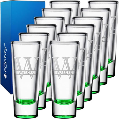 Personalized Shot Glasses Set of 12 Green Bottom Custom 2 oz Cordial Shot Glass Initial and Name for Gifts, Weddings, Birthdays, Party, Event, Decorations