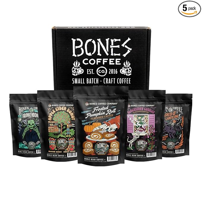 Bones Coffee Company Fall Favorites Pack, 5 Assorted Flavored Coffee Low Acid Medium Roast Arabica Beans Specialty Coffee Gifts, Auto Drip and French Press Compatible, 4 oz Pack of 5 Whole Bean