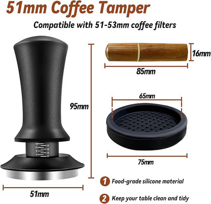 Coffee Espresso Tamper 51mm with WDT Tool Calibrated Spring Loaded, Coffee Press with Silicone Mat, 100% Flat Stainless Steel Base Tamper for Espresso Coffee Machine (51mm, Black)